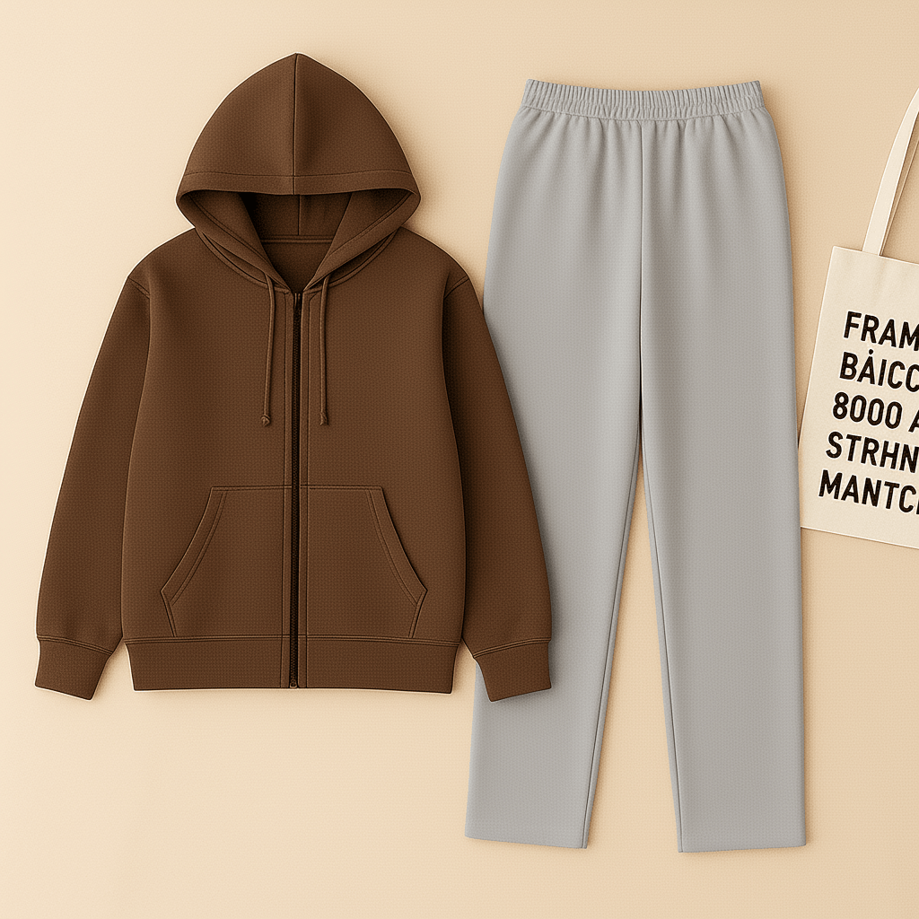 Brown Zipper And Grey Trouser Set