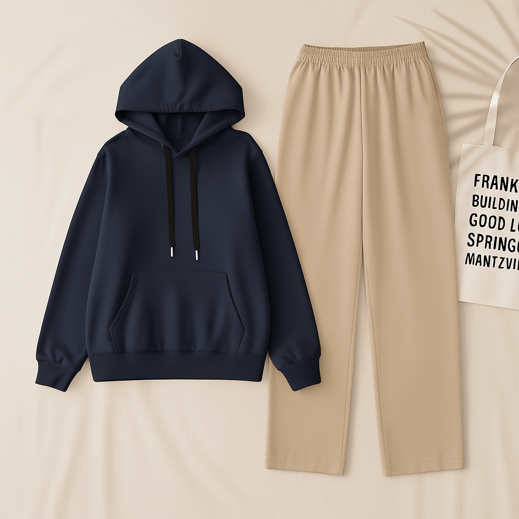 Navy Blue Hoodie & Beige Flapper Trouser