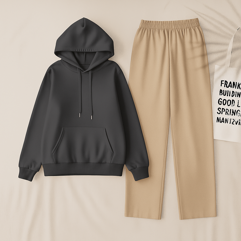Charcoal Hoodie & Biege Flapper Trouser