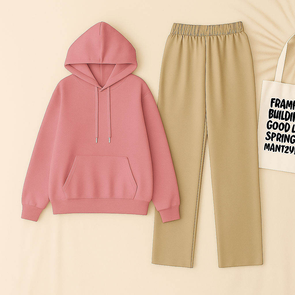 Dark  Pink Hoodie & Beige Flapper Trouser
