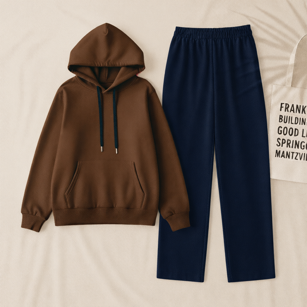Brown Hoodie & Navy Blue Flapper Trouser