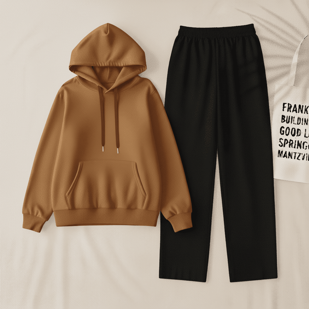 Brown Hoodie & Black Flapper Trouser