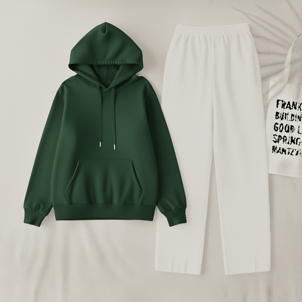 Dark gareen  Hoodie & White Flapper Trouser Set