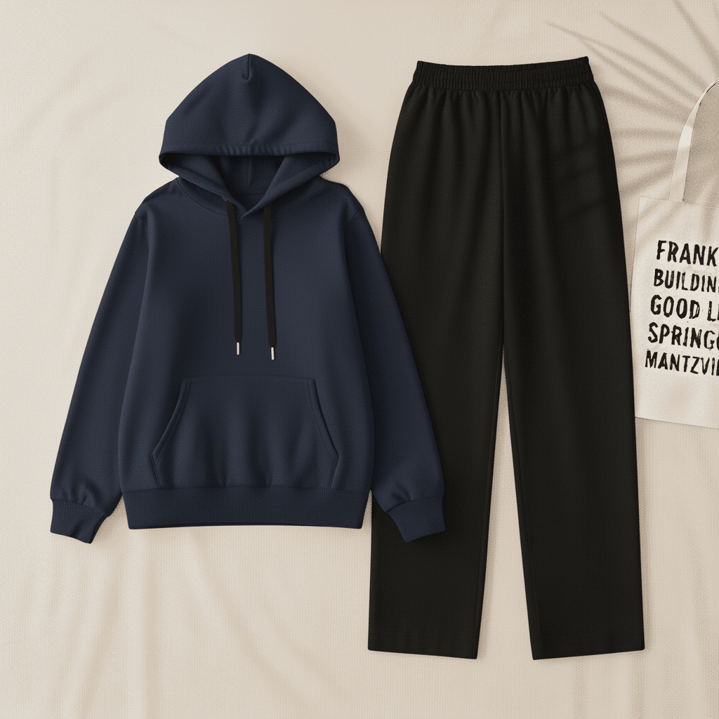 Navy Blue Hoodie & Black Flapper Trouser