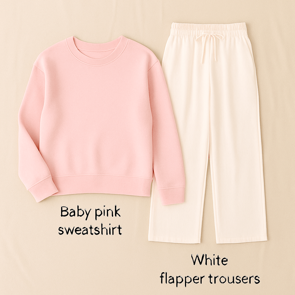 Baby pink Sweatshirt + White Flapper Trouser