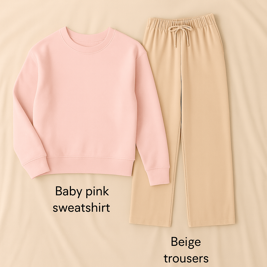 Baby pink Sweatshirt + Beige Flapper Trouser